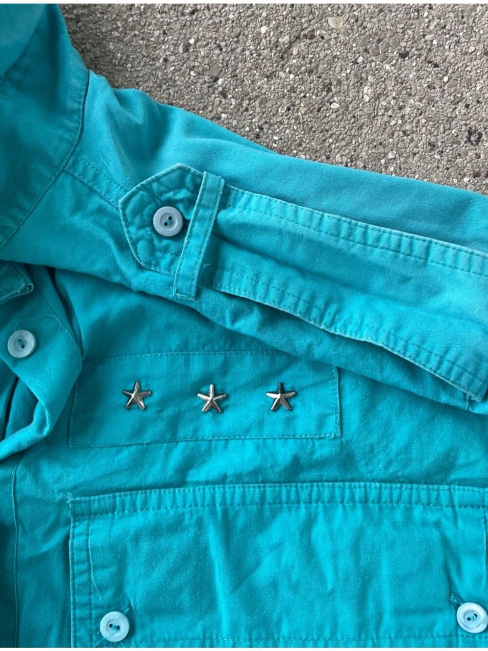 Vintage 90s Teal Button Up Shirt Cotton Star Studded Shoulder Straps Mens M